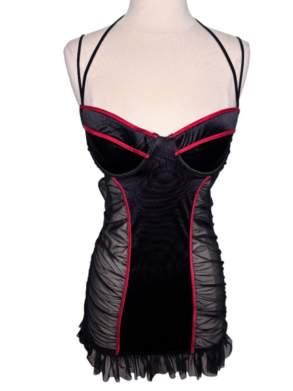 Dreamgirl Black Satin Red Trim Sheer Ruched Ruffle Mesh Back Sides Lingerie Sz L